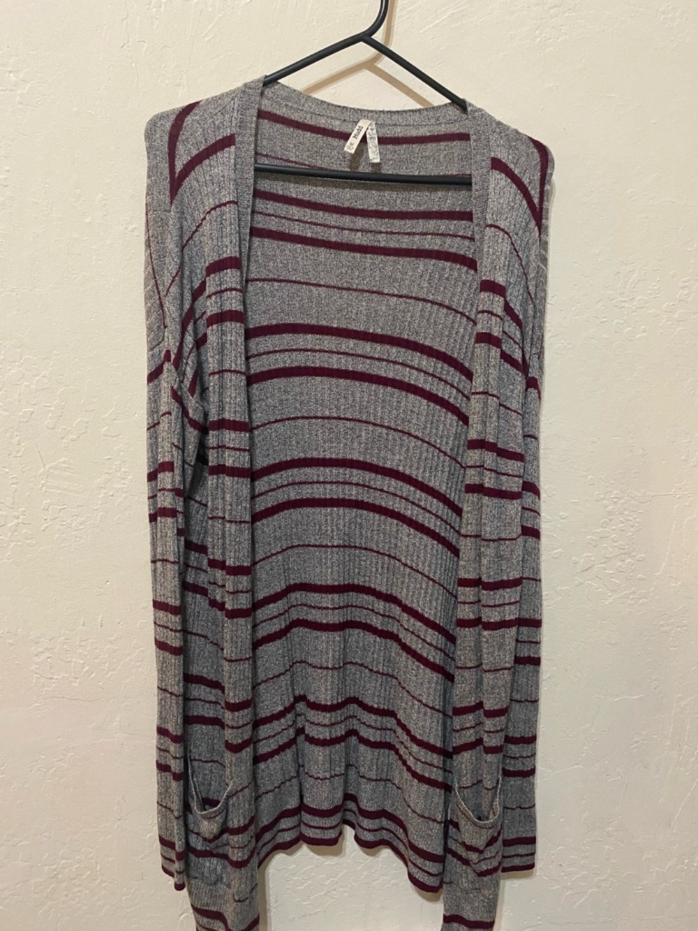Mudd Gray and Burgundy Striped Open-Front Cardigan